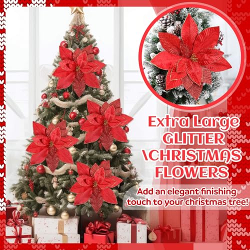 Cinnvoice 4pcs 16'' Red Poinsettia Christmas Tree Artificial Flowers (Glitter Accent)