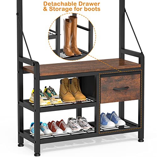 Rustic Hall Tree with Bench, Shoe Storage, 17 Hooks and 2 Drawers