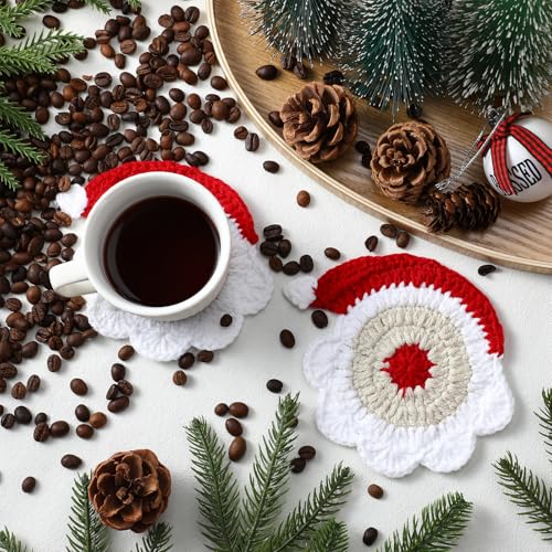 Santa Claus Crochet Coaster Set with Storage Basket – 5 Pcs Christmas Coasters (Windkream) – includes 1 storage basket and 4 coasters