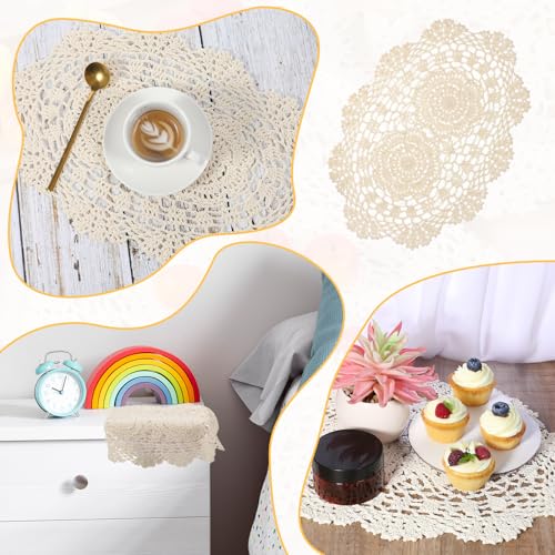 Beige Crochet Doilies 2-Piece Oval Runner Placemats Set — Handcrafted Cotton Lace Coasters