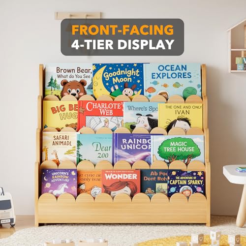 4-Tier Wooden Montessori Bookshelf for Kids, Scalloped Toy Storage Rack