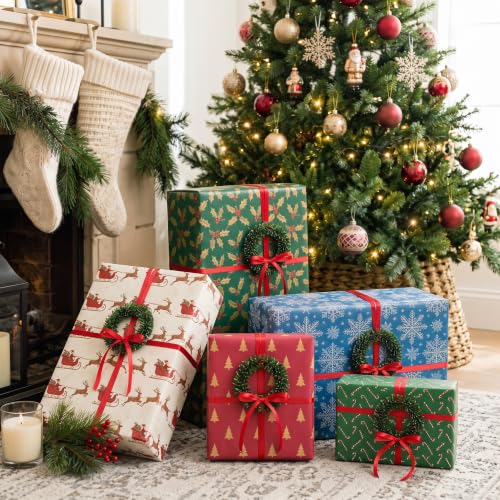 Yunlly 14 Pcs Mini Christmas Wreath Gift Wrapping Set - Plain Wreath & Red Ribbon