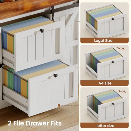 41-Inch Farmhouse File Cabinet with Charging Station, Barn Door & LED Lights
