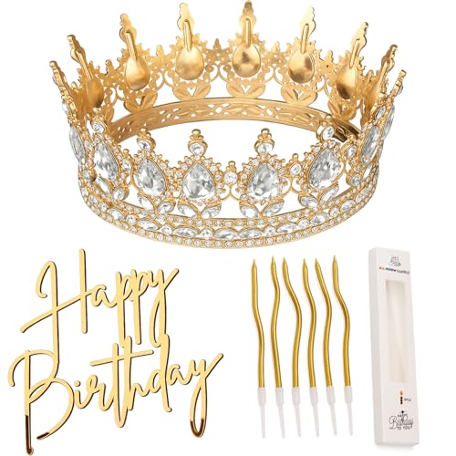 3-Piece Gold Rhinestone Crown Cake Topper Set with Candles