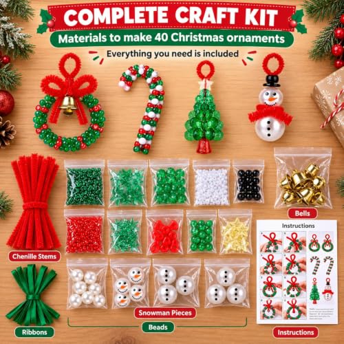LIHAO 40-Piece Christmas Craft Kit for Teens and Kids – Beaded Ornaments & Wreath