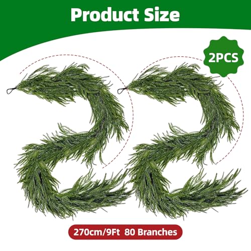 Yaquho 9 Ft Norfolk Pine Christmas Garland 2-Pack Real Touch Indoor Outdoor