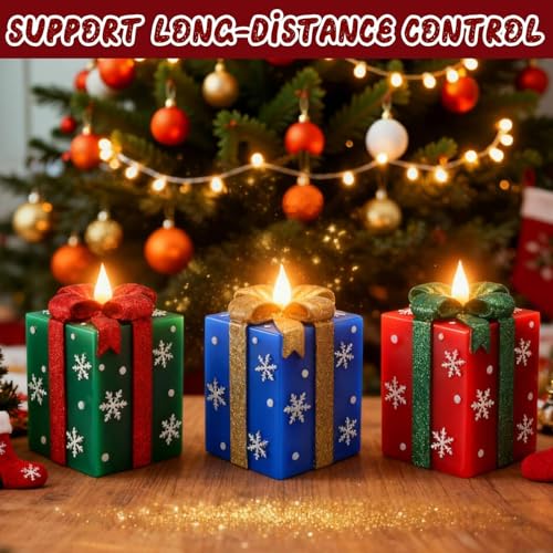 Set of 3 Hand-Painted Flameless LED Candles with Remote Timer - Christmas Home Decor