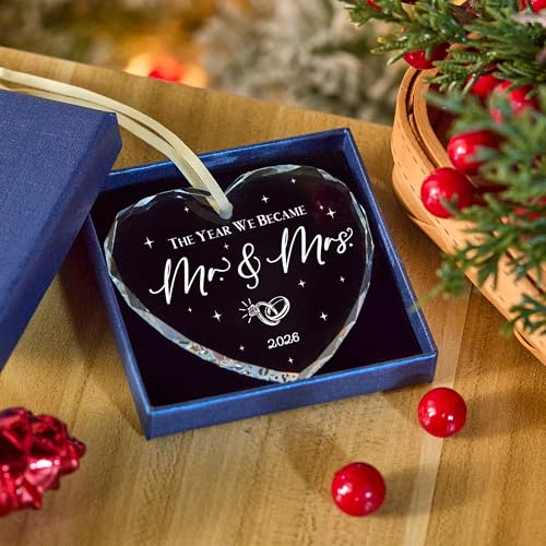 Mr and Mrs Heart Glass Ornament - Newlywed Wedding Gift for Couples