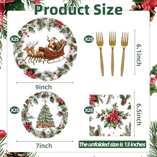 Vintage Christmas 100 Pcs Disposable Tableware Set – Serves 25, Santa Sleigh & Tree Plates, Napkins & Gold Forks (Tedercle, Variation: Vintage Christmas)
