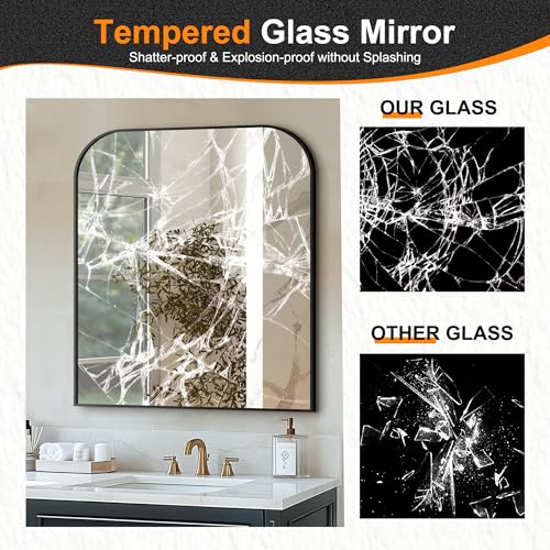36x30 Inch Rounded Rectangle Bathroom Mirror, Black Metal Frame Wall Mirror