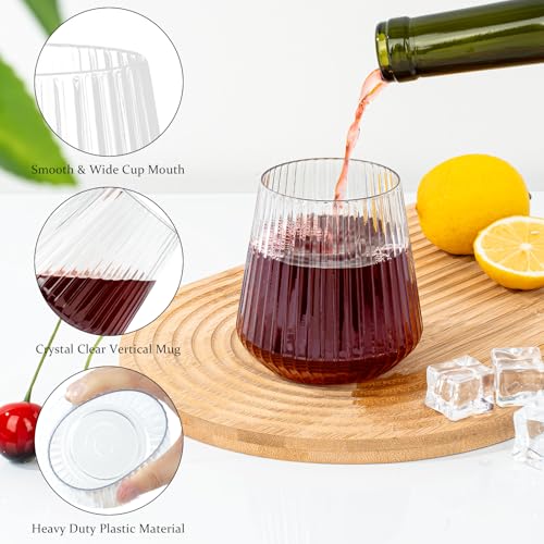 36-Pack 12oz Ribbed Plastic Stemless Wine Glasses, Clear Ripple Cups