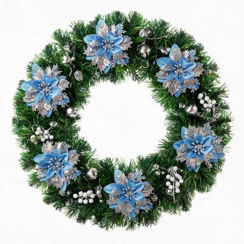Blue Glitter Poinsettia Flowers 5.5in - 15 Pack with Clips for Christmas Tree, Wreaths & Garlands (Variation: Blue)