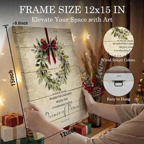 Voxitura Oak Wreath Vintage Christmas Wall Art Canvas 12x15in with Isaiah 9:6 Bible Verse