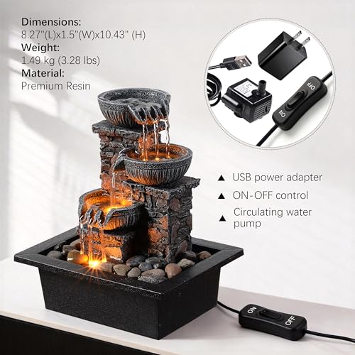 Tabletop Waterfall Fountain with LED Light - Indoor Zen Water Decor