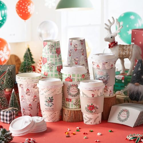 Jingmore 48-Pack 16oz Christmas Coffee Cups with Lids & Sleeves - 4 Festive Designs, Rustic Christmas