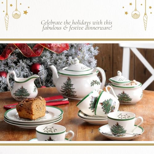 Spode 7 Oz Christmas Tree Dinnerware Set of 5 - Holiday Earthenware with Holly Accents