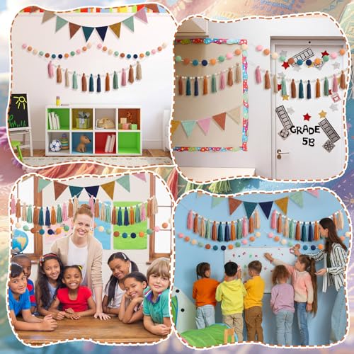 4-Piece Boho Tassel and Pompom Garland Set for Classroom and Party Decor