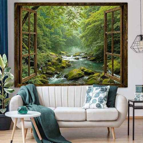Green Forest Window Tapestry - Nature Stream Landscape Wall Hanging Decor