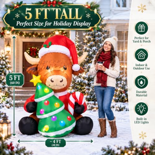 Sosation 5ft Christmas Highland Cow Inflatable with LED Lights - Santa Hat & Tree Variation