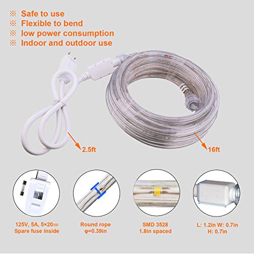 16ft Blue LED Rope Light, ETL Waterproof Connectable Outdoor Lighting