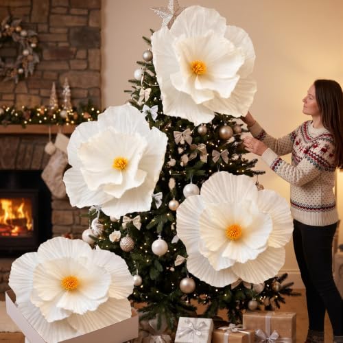 Riceshoot 4 Pcs 24in White Giant Christmas Paper Flowers - Xmas Wall Decor