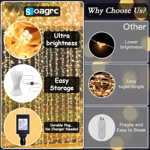 300 LED Warm White Curtain String Lights - 9.8x9.8FT, 8 Modes & Timer