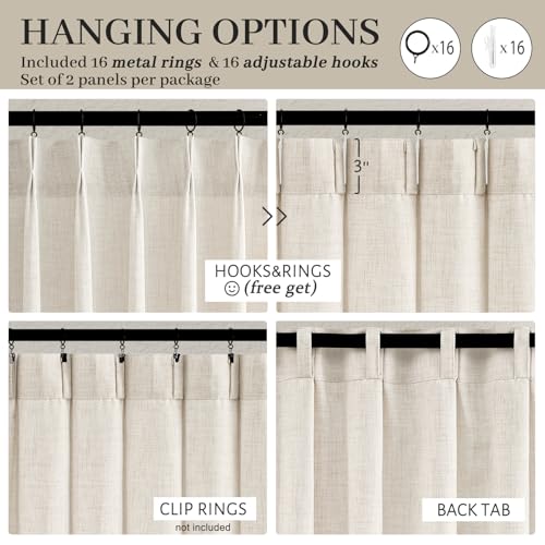 Pinch Pleated Linen Curtains 96 Inches - Light Filtering Drapes (2 Panels)