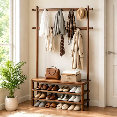 Solid Wood Hall Tree with Bench and Shoe Rack, 11-Hook Entryway Organizer