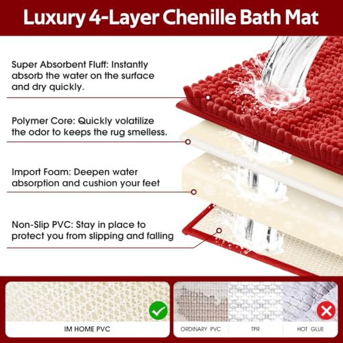 ACCUMTEK Red Christmas Striped Bathroom Rug Set 3 Pieces, Thick Chenille Non-Slip Mats, 2'8"x1'8" + 2'x1'5" U-Shape