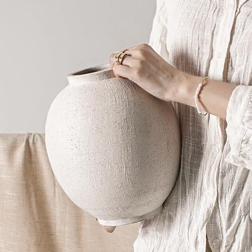Large White Ceramic Vase - 9.8" Rustic Farmhouse Decorative Flower Vase