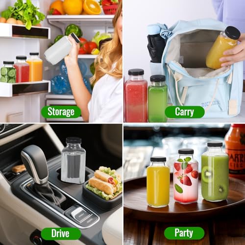 8 oz Square Glass Juice Bottles with Lids - 6 Pack Reusable Drink Containers