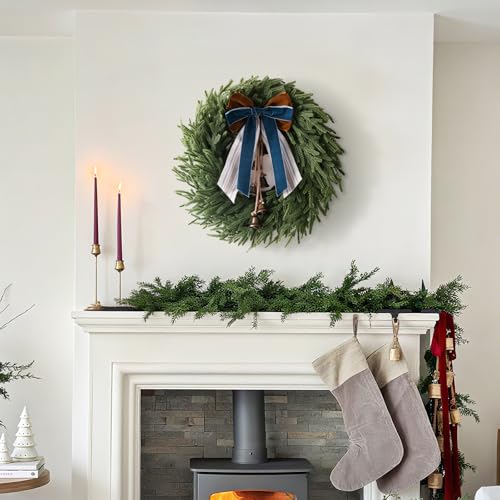 22 Inch Norfolk Pine Christmas Wreath with Bells and Ribbon - Rustic Holiday Decor