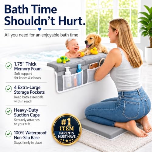Baby Bath Kneeler and Elbow Rest Set with Storage Pockets, Non-Slip
