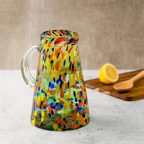 Handblown Mexican Glass Pitcher with Carnaval Color Pattern - Eco-Friendly Recycled Glass