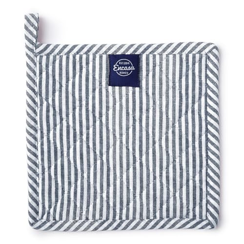 Encasa XO Ticking Navy Blue 8x8 Quilted Pot Holders - Set of 2