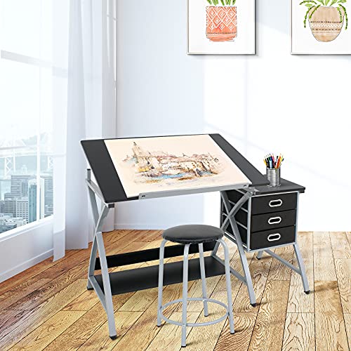 Adjustable Drafting Table and Stool Set with 3 Drawers for Art and Writing