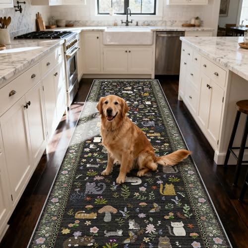 Washable 2x10 Hallway Runner Rug - Non-Slip Low Pile Cat Print Carpet