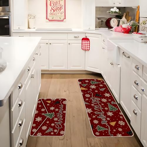 Moutina Let It Snow Christmas Kitchen Rugs Set of 2, Red 17x29 & 17x47 Inch
