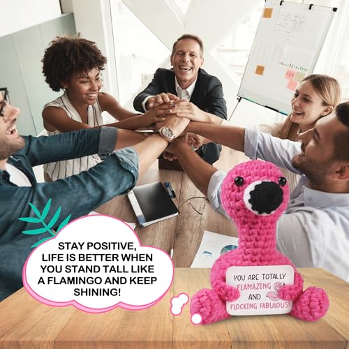 Handmade Positive Flamingo Crochet Plush Doll with Motivational Card
