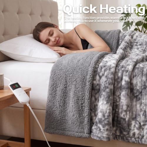 Heated Electric Blanket Throw 50''x60'' - Soft Flannel & Sherpa, 10 Heat Settings, Washable