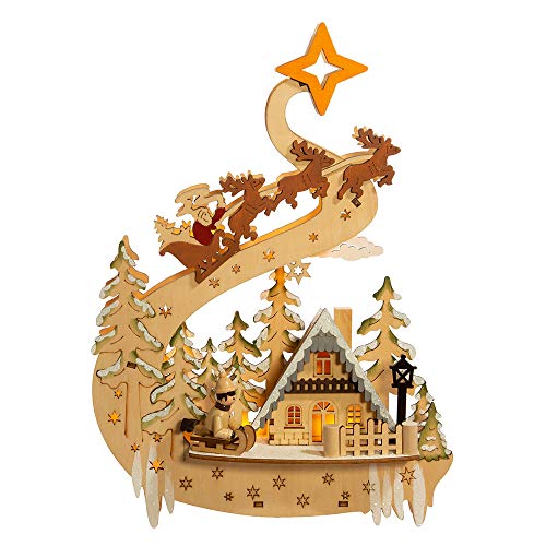 Battery-Operated Wooden Christmas Village with Santa and Sleigh - 11.8 Inch