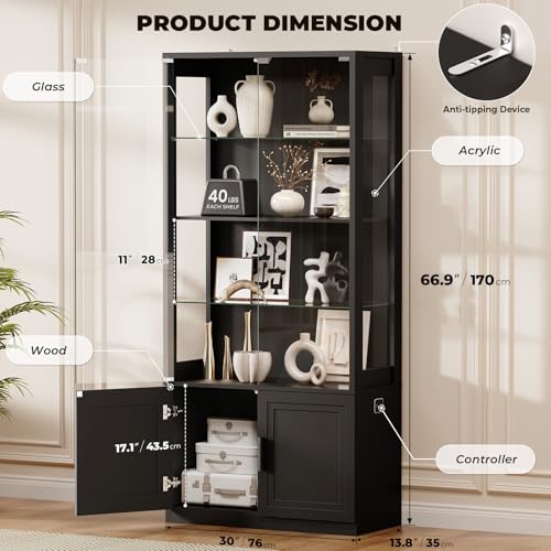 67" Glass Display Cabinet with LED Lights and Motion Sensor, 4-Tier Black