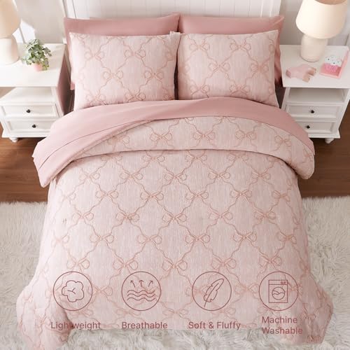 Pink Bow Twin Comforter Set with Sheets - 5-Piece Girls Bedding Set