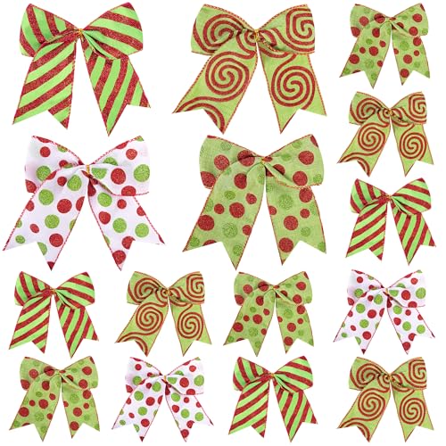 16 Pcs Red Green Christmas Bow Decorations, Glitter Polka Xmas Wreath Bows - Style B