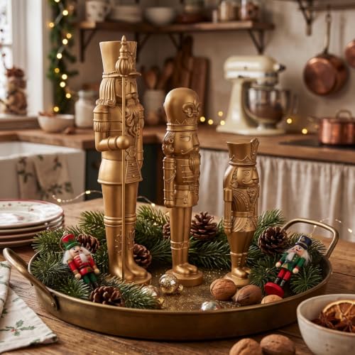 Gold Christmas Nutcracker Figures Set - 3 Pcs Holiday Decor, Resin