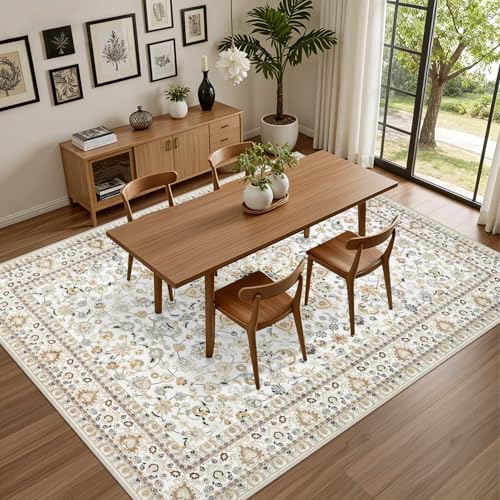 5x7 Washable Vintage Area Rug - Soft Non-Slip Beige Floral Boho Rug