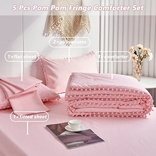 PERFEMET 5-Piece Pink Pom Pom Twin Comforter Set with Sheets & Pillowcases