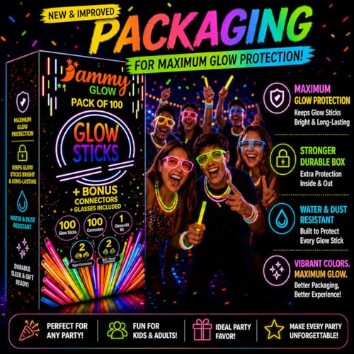 Ammy Glow Sticks Bulk Party Pack 205 Pcs with Connectors and Glasses