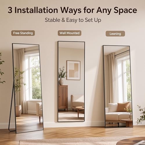 Full Length Floor Mirror with Stand, 56" x 14" Black Aluminum Frame Mirror