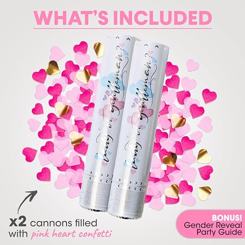 PrimePure Pink Heart Confetti Cannon for Baby Girl Gender Reveal 2 Pack